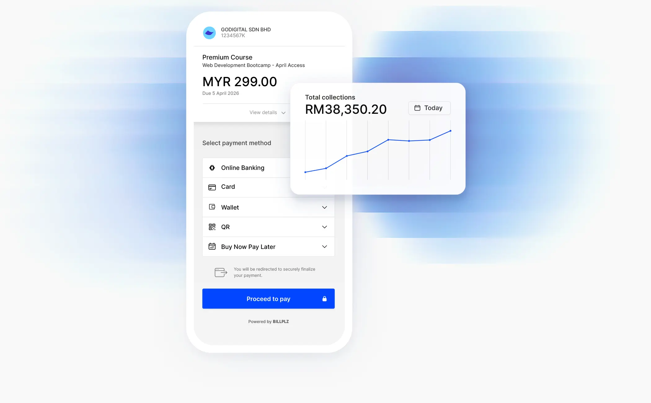 Billplz payment interface mockup showing bill payment and analytics component