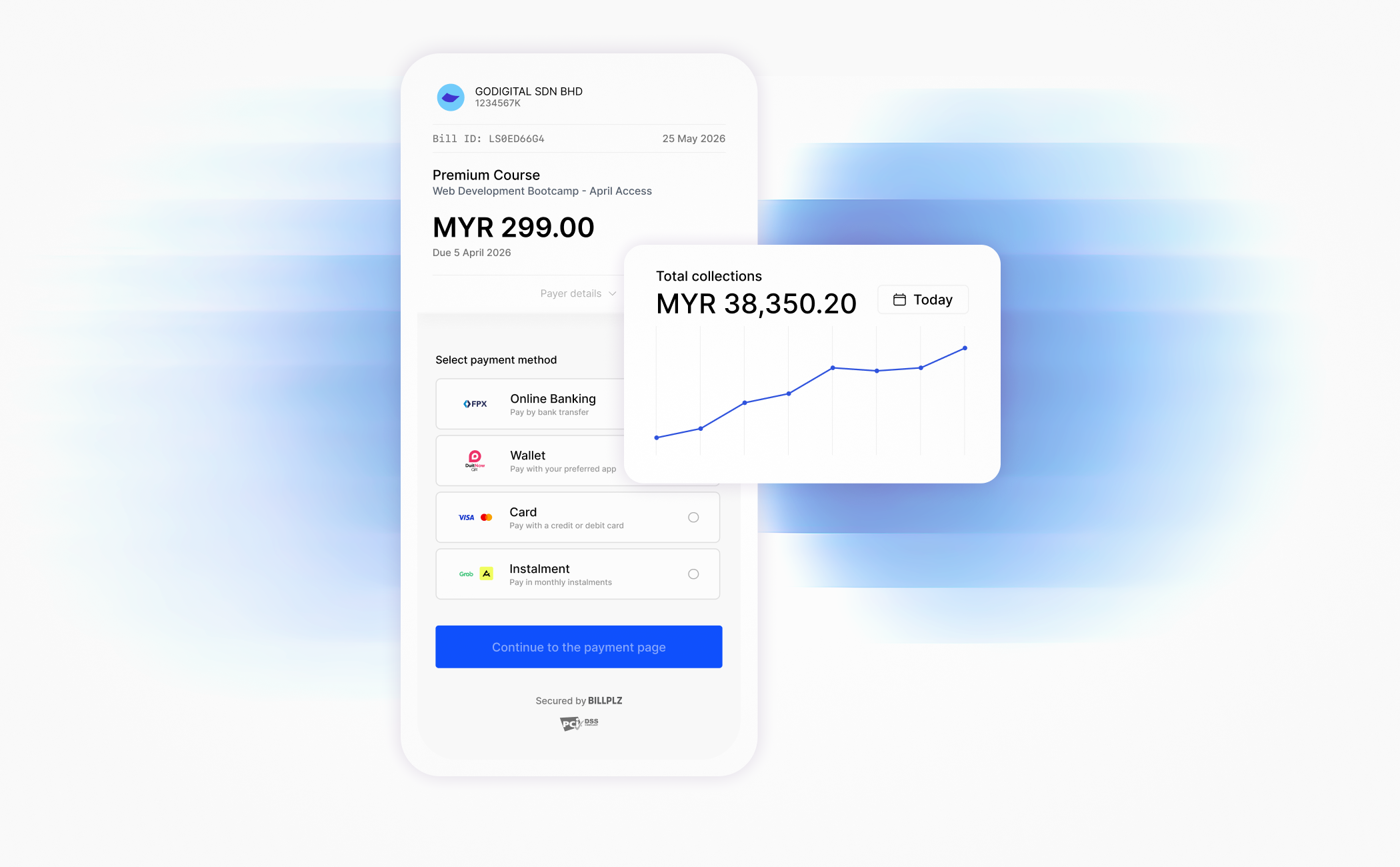 Billplz payment interface mockup showing bill payment and analytics component