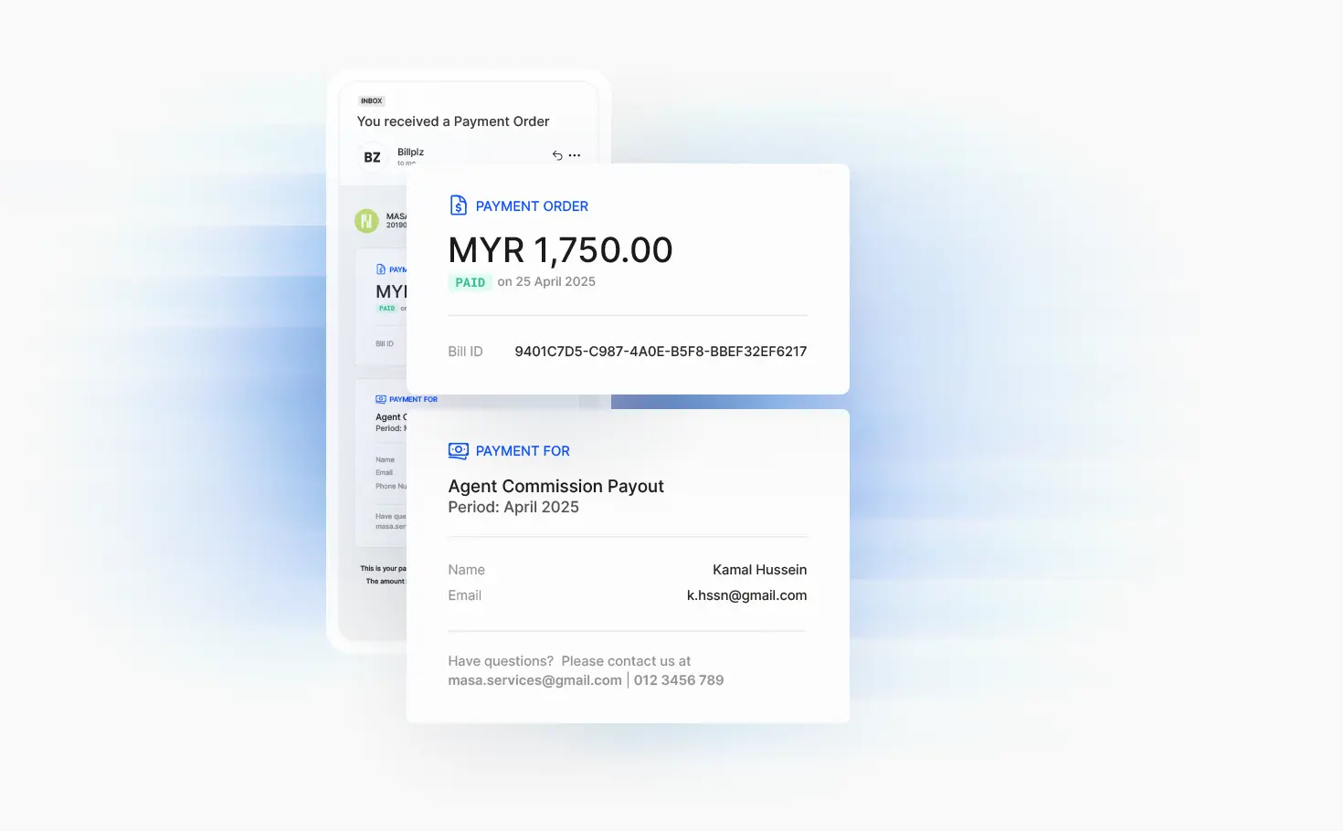 Billplz payment interface mockup showing Payment Order receipt